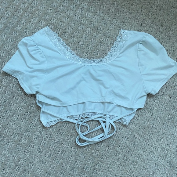 S White Crop Top With Lace and Tie Front - Picture 2 of 4